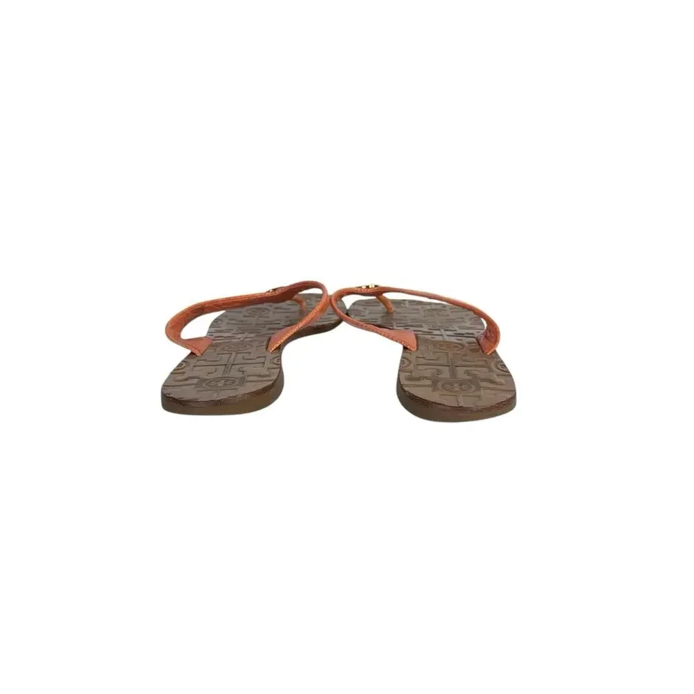 Tory Burch Thora Logo Orange Leather Thong Flip-Flop Flat Sandal Women's Size 9